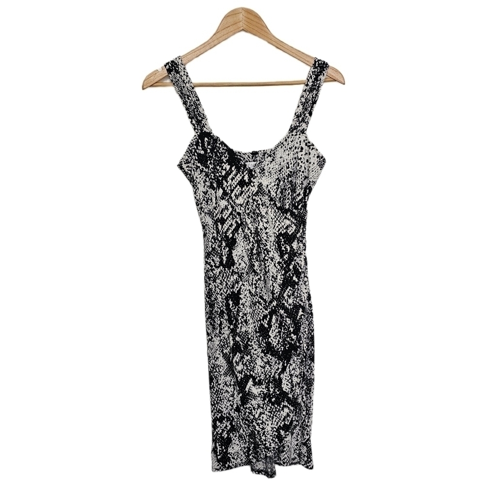 Cache Y2K snake animal print black & white v-neck wide strap wrap midi dress